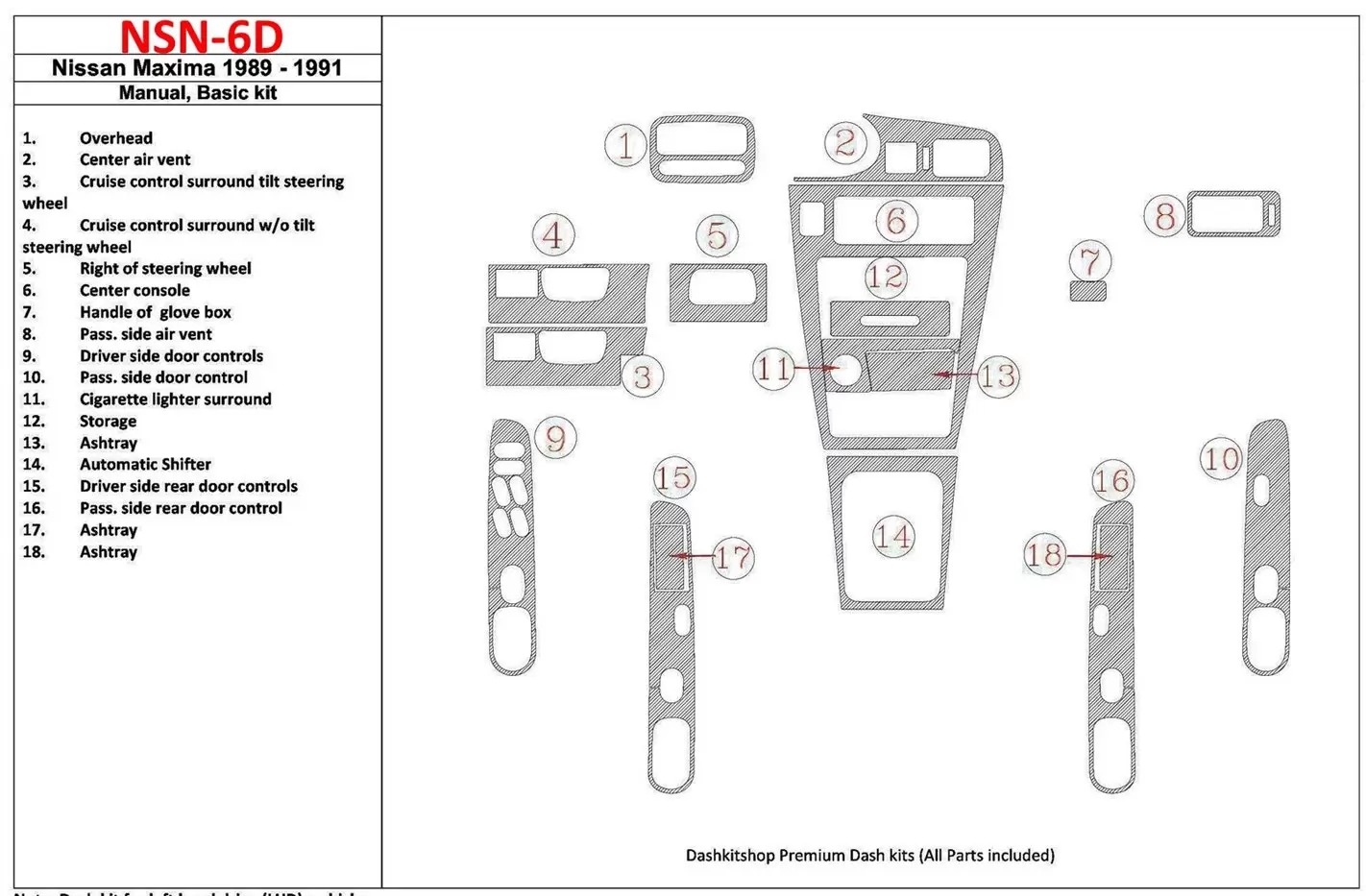 Nissan Maxima 1989-1991 Basic Set, Manual Gearbox, 18 Parts set Decor de carlinga su interior