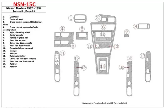 Nissan Maxima 1992-1994 Automatic Gearbox, Basic Set, 18 Parts set BD Interieur Dashboard Bekleding Volhouder