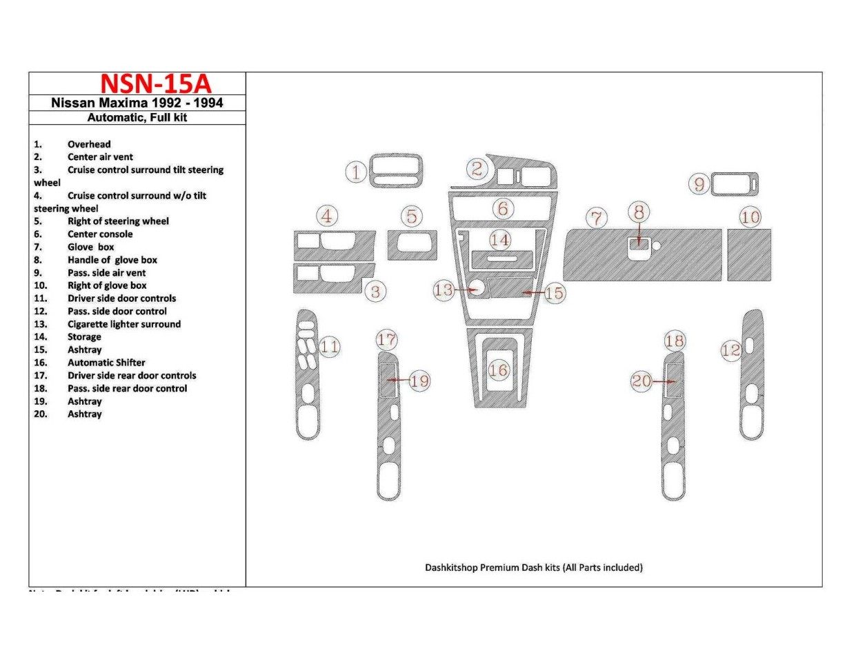 Nissan Maxima 1992-1994 Automatic Gearbox, Full Set, 20 Parts set BD Interieur Dashboard Bekleding Volhouder