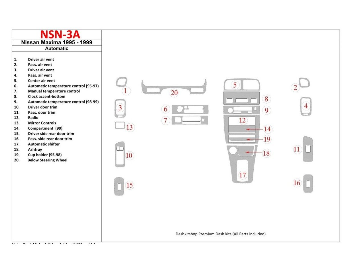 Nissan Maxima 1995-1999 Automatic Gearbox, 21 Parts set Cruscotto BD Rivestimenti interni