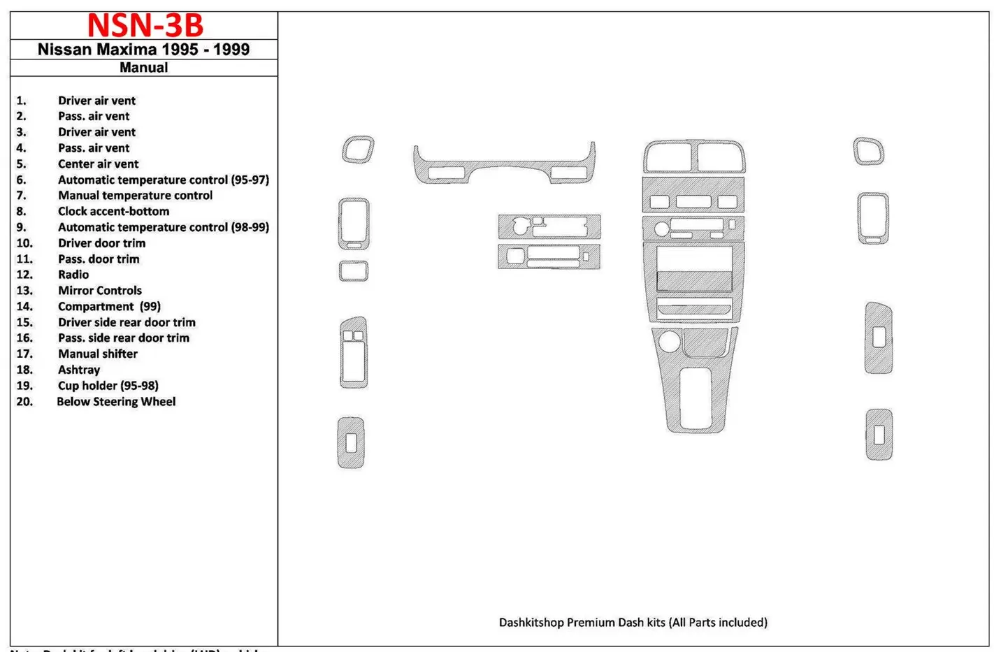 Nissan Maxima 1995-1999 Manual Gearbox, 21 Parts set Decor de carlinga su interior