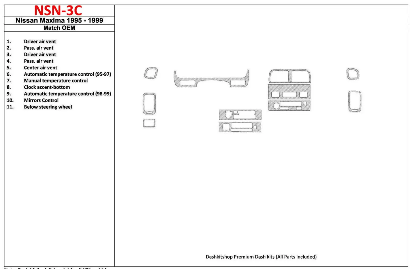 Nissan Maxima 1995-1999 OEM Compliance, 12 Parts set BD innenausstattung armaturendekor cockpit dekor - 1- Cockpit Dekor Innenra