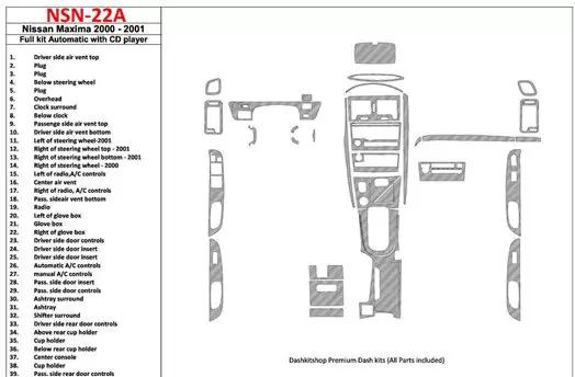 Nissan Maxima 2000-2001 Full Set, Automatic Gearbox, Radio With CD Player, 39 Parts set BD Interieur Dashboard Bekleding Volhoud