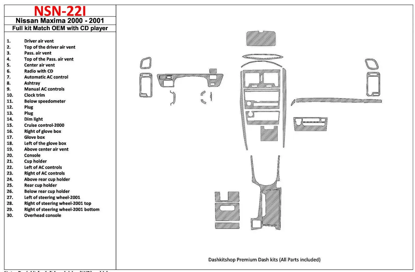 Nissan Maxima 2000-2001 Full Set, Automatic Gearbox, Radio With CD Player, OEM Compliance, 30 Parts set BD Interieur Dashboard B