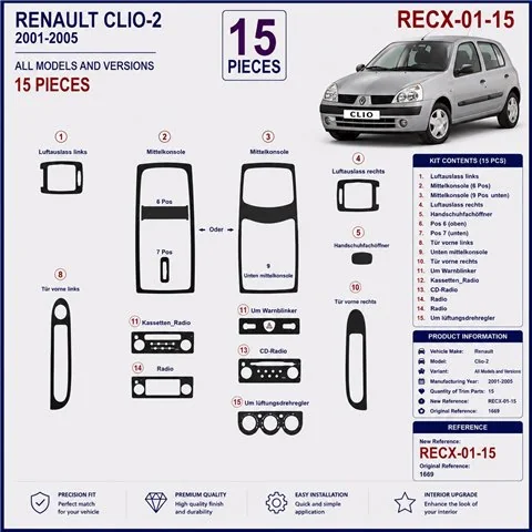 Renault Clio-2 2001-2005 3D dashboard sierlijstset, 15 delen 2