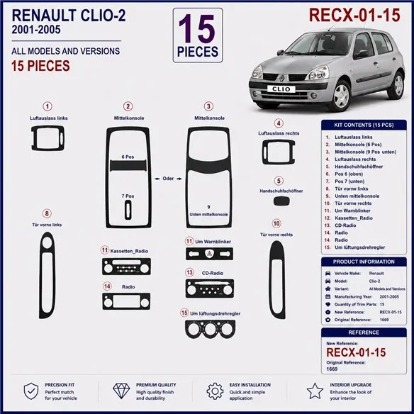 Renault Clio-2 2001-2005 3D Armaturenbrett-Dekor-Set, 15 Teile