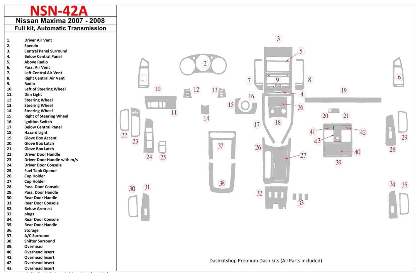 Nissan Maxima 2007-2008 Full Set, Automatic Gear Decor de carlinga su interior