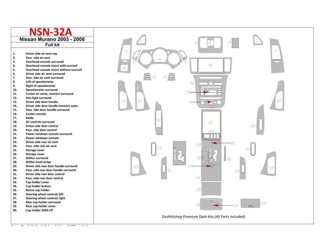 Nissan Murano 2003-2008 Ensemble Complet BD Kit la décoration du tableau de bord - 1 - habillage decor de tableau de bord