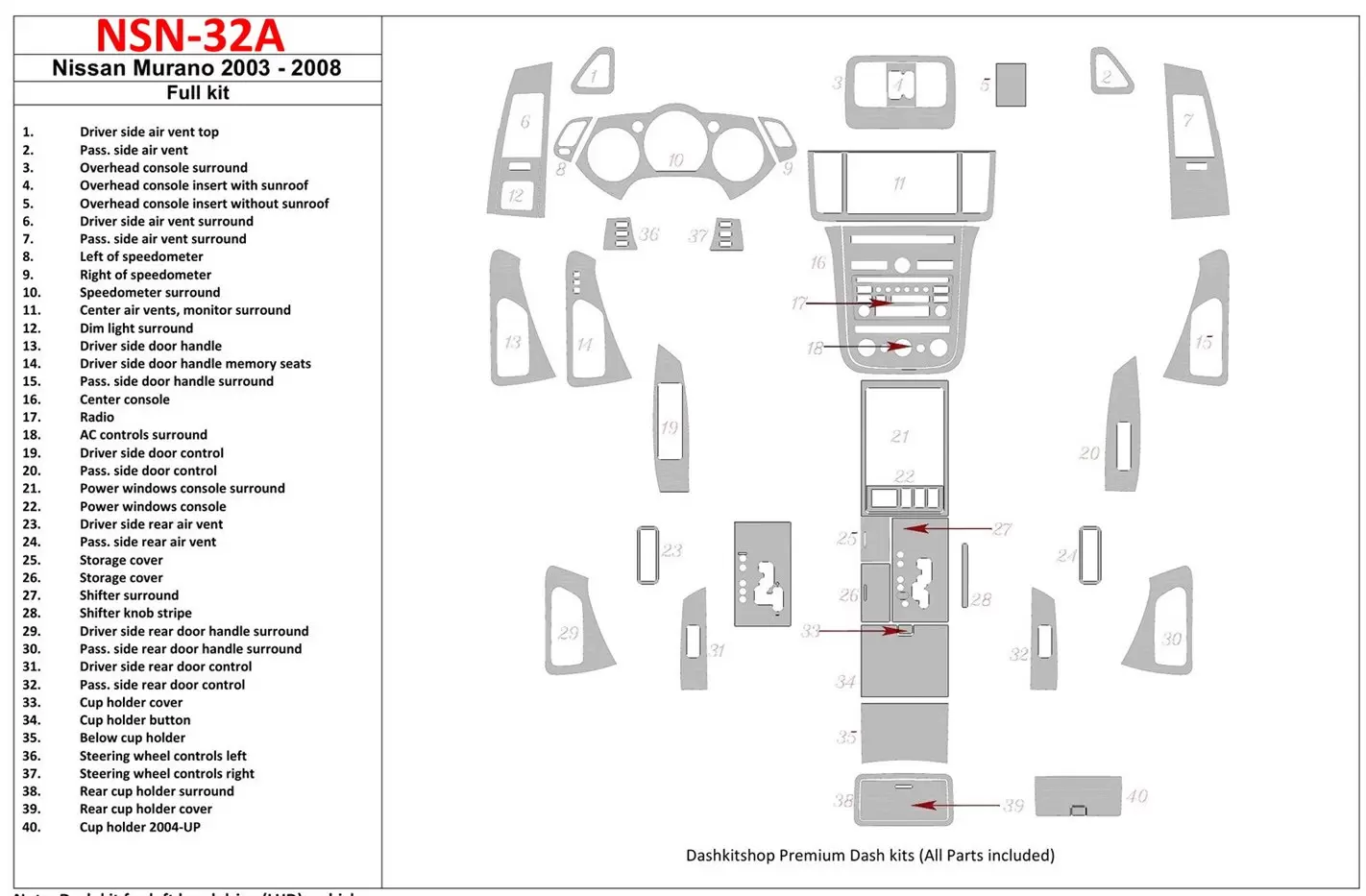 Nissan Murano 2003-2008 Full Set Interior BD Dash Trim Kit