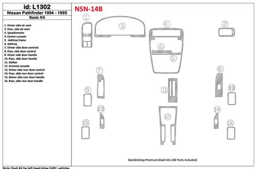 Nissan Pathfinder 1994-1995 Basic Set, 16 Parts set BD Interieur Dashboard Bekleding Volhouder