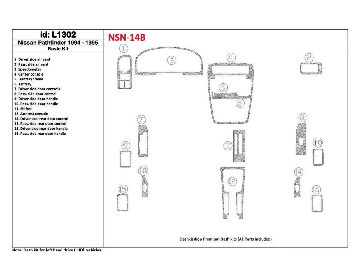 Nissan Pathfinder 1994-1995 Basic Set, 16 Parts set BD Interieur Dashboard Bekleding Volhouder