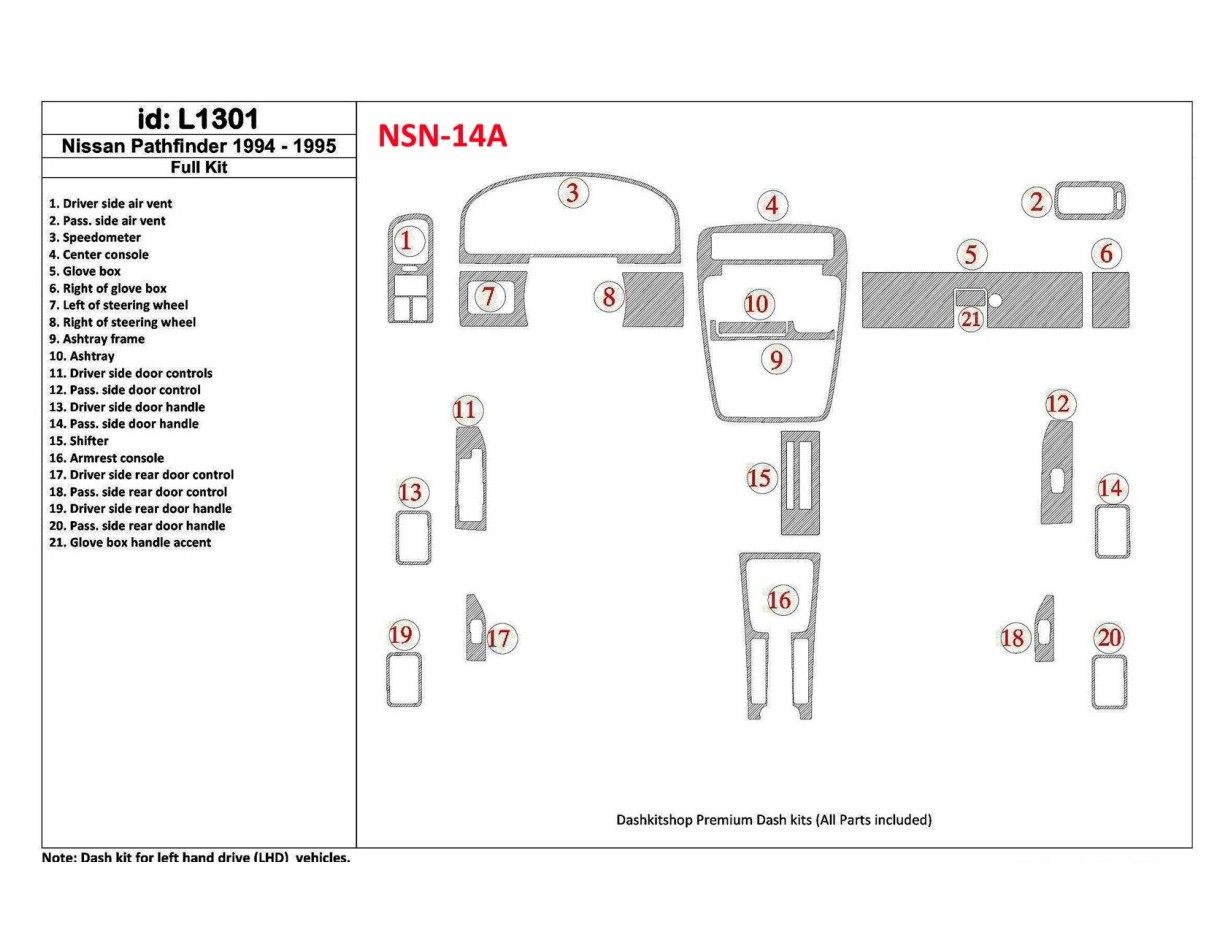 Nissan Pathfinder 1994-1995 Full Set, 21 Parts set BD Interieur Dashboard Bekleding Volhouder