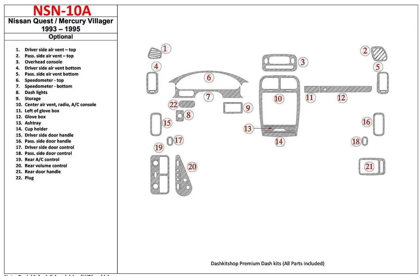 Nissan Quest 1993-1995 Full Set, 21 Parts set Cruscotto BD Rivestimenti interni