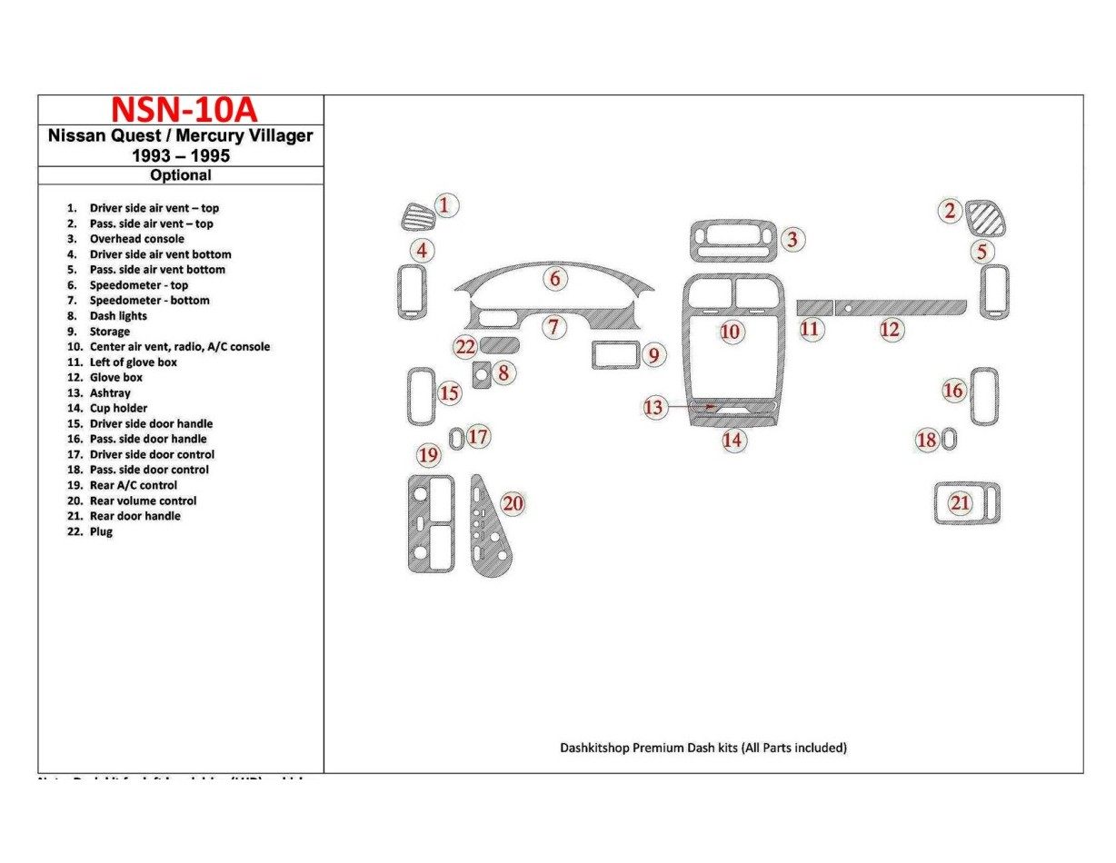 Nissan Quest 1993-1995 Voll Satz, 21 Parts set BD innenausstattung armaturendekor cockpit dekor - 1- Cockpit Dekor Innenraum