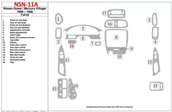 Nissan Quest 1996-1998 Full Set, 17 Parts set Interior BD Dash Trim Kit