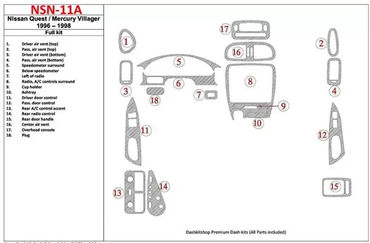 Nissan Quest 1996-1998 Ensemble Complet, 17 Parts set BD Kit la décoration du tableau de bord - 1 - habillage decor de tableau d