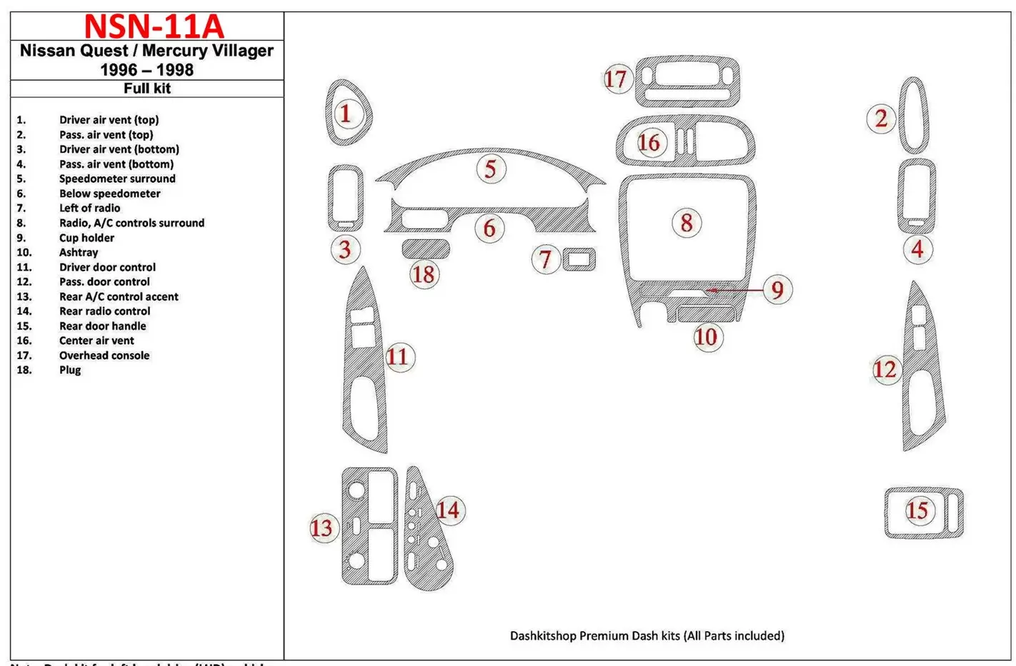 Nissan Quest 1996-1998 Full Set, 17 Parts set BD Interieur Dashboard Bekleding Volhouder