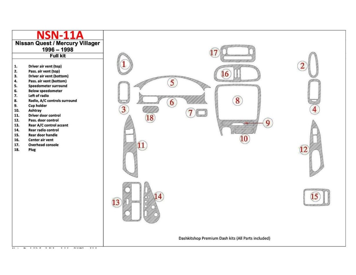 Nissan Quest 1996-1998 Voll Satz, 17 Parts set BD innenausstattung armaturendekor cockpit dekor - 1- Cockpit Dekor Innenraum