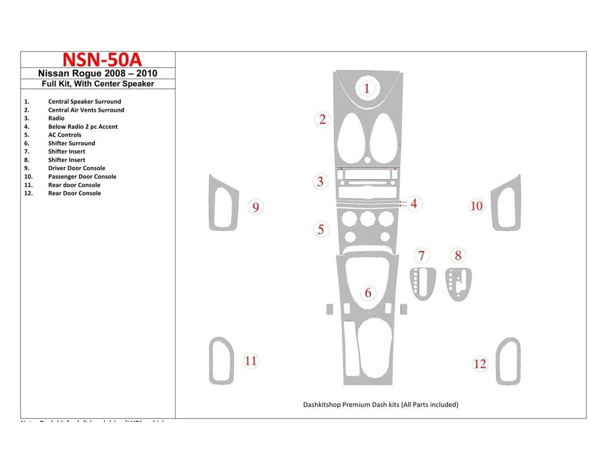 Nissan Rogue 2008-2010 Full Set, With Center Speaker BD Interieur Dashboard Bekleding Volhouder