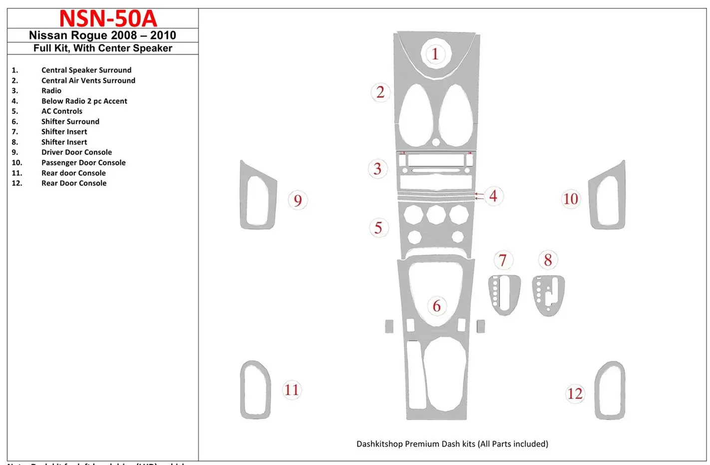 Nissan Rogue 2008-2010 Full Set, With Center Speaker Interior BD Dash Trim Kit