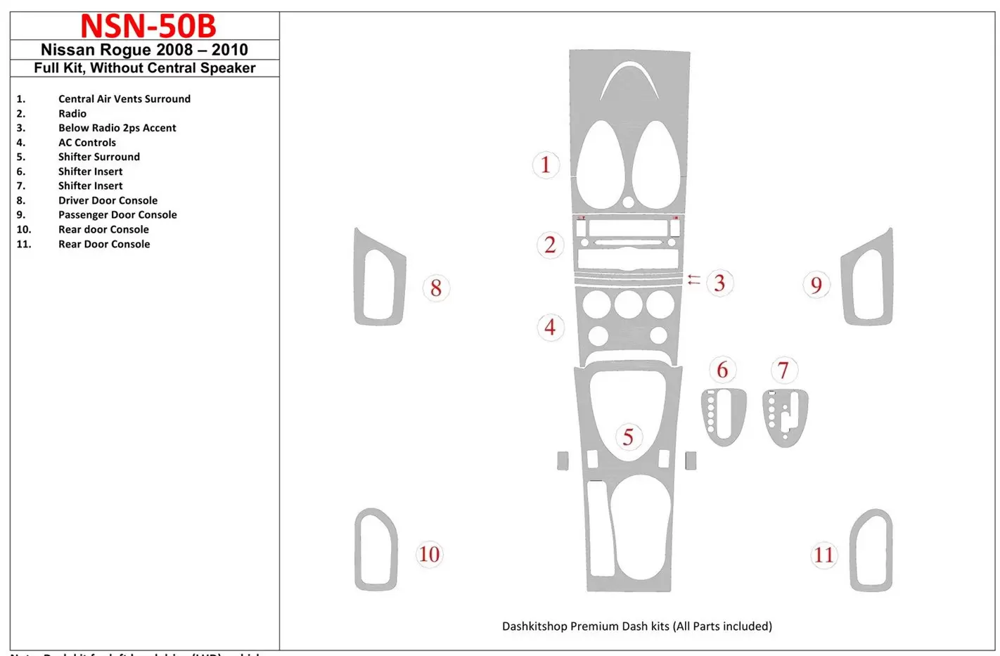 Nissan Roque 2008-2010 Ensemble Complet, Sans Center Speaker BD Kit la décoration du tableau de bord - 1 - habillage decor de ta