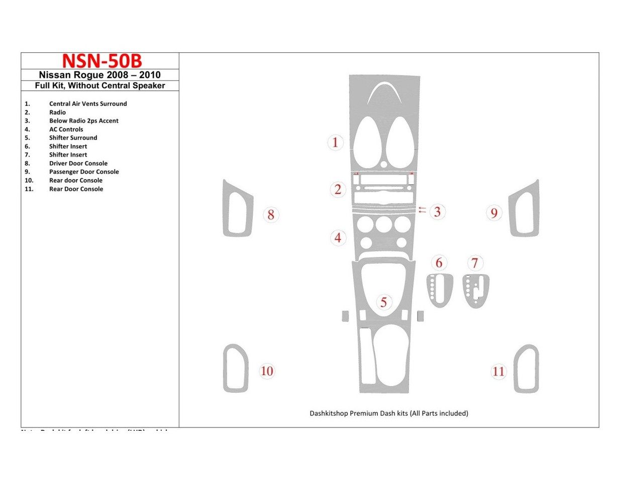 Nissan Roque 2008-2010 Full Set, Without Center Speaker Interior BD Dash Trim Kit