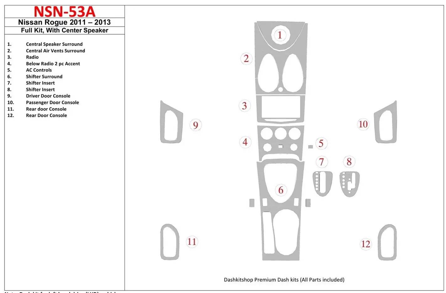 Nissan Roque 2011-UP Voll Satz, With Center Speaker BD innenausstattung armaturendekor cockpit dekor - 1- Cockpit Dekor Innenrau