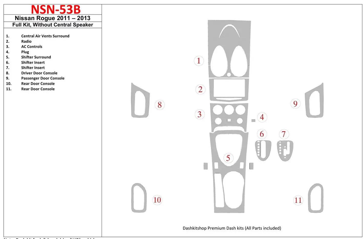 Nissan Roque 2011-UP Ensemble Complet, Sans Center Speaker BD Kit la décoration du tableau de bord - 1 - habillage decor de tabl