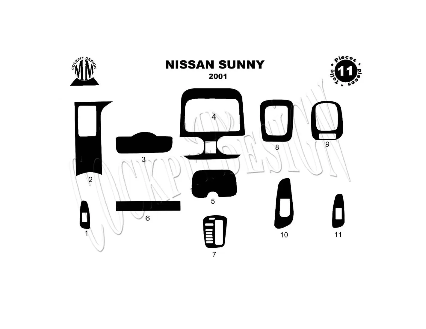 Nissan Sunny 2001 Kit la décoration du tableau de bord 11-Pièce - 1 - habillage decor de tableau de bord