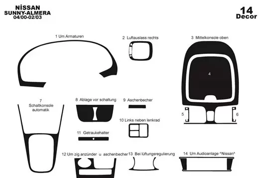 Nissan Sunny-Almera Arabian 04.00-02.03 3M 3D Interior Dashboard Trim Kit Dash Trim Dekor 14-Parts