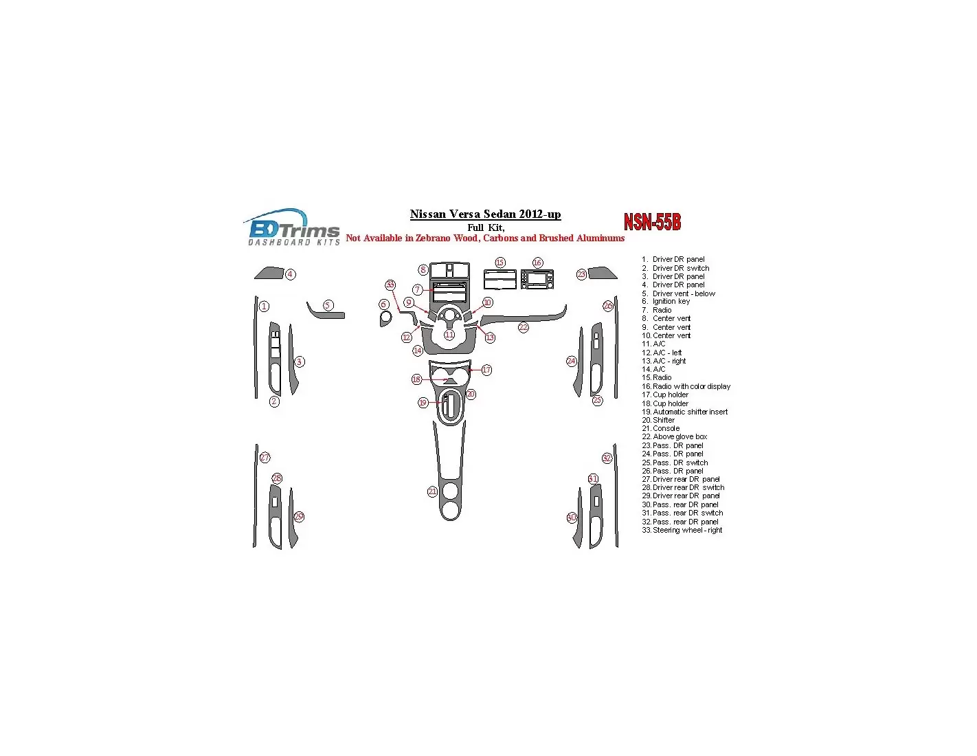 Nissan Versa 2012-UP Full Set Interior BD Dash Trim Kit