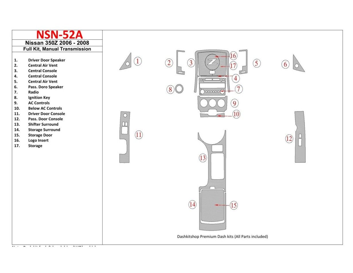 Nissan Z350 2006-2008 Full Set, Manual Gear Box Interior BD Dash Trim Kit