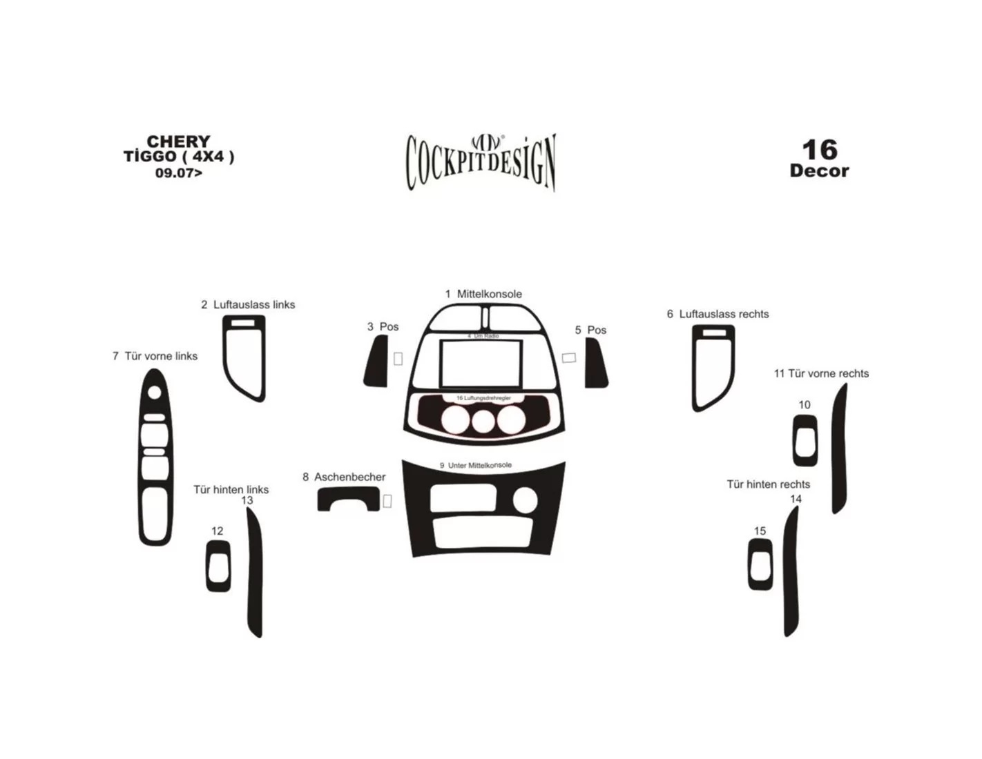 Chery Tiggo 4x4 09.2007 3M 3D Interior Dashboard Trim Kit Dash Trim Dekor 16-Parts