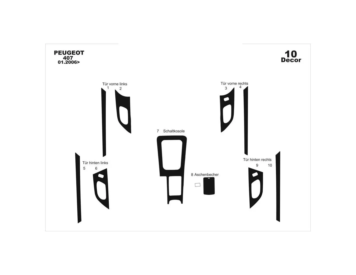 Peugeot 407 Doors 06.05-12.10 3D Decor de carlinga su interior del coche 10-Partes