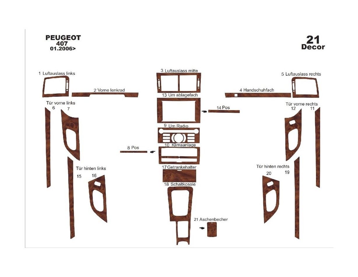 Peugeot 407 Doors 06.05-12.10 3M 3D Interior Dashboard Trim Kit Dash Trim Dekor 21-Parts