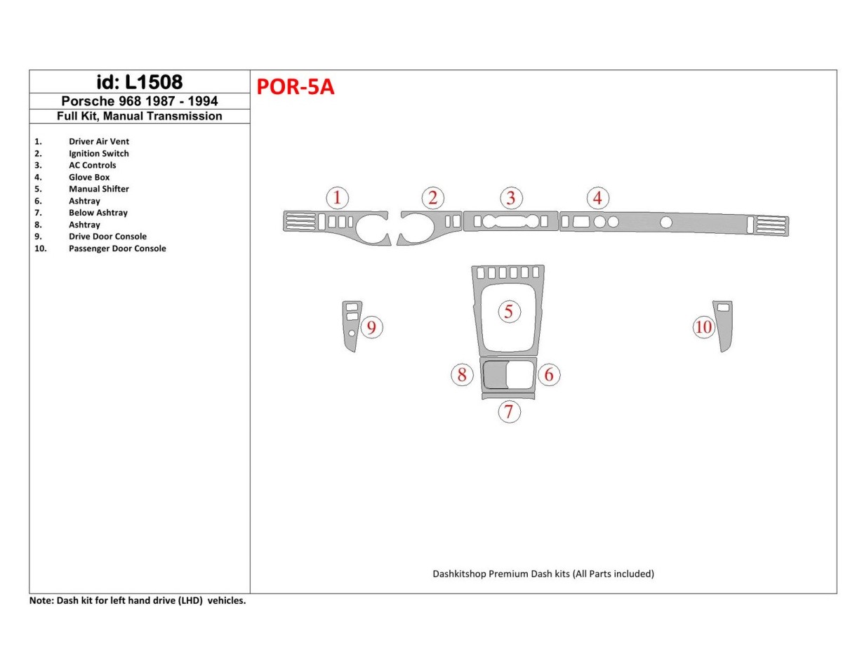 Porsche 944 1985-1994 Ensemble Complet BD Kit la décoration du tableau de bord - 1 - habillage decor de tableau de bord