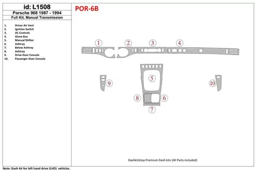 Porsche 968 1987-1994 Full Set, Manual Gear Box Interior BD Dash Trim Kit