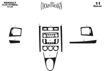 Renault Clio Symbol 10.2008 3M 3D Interior Dashboard Trim Kit Dash Trim Dekor 11-Parts