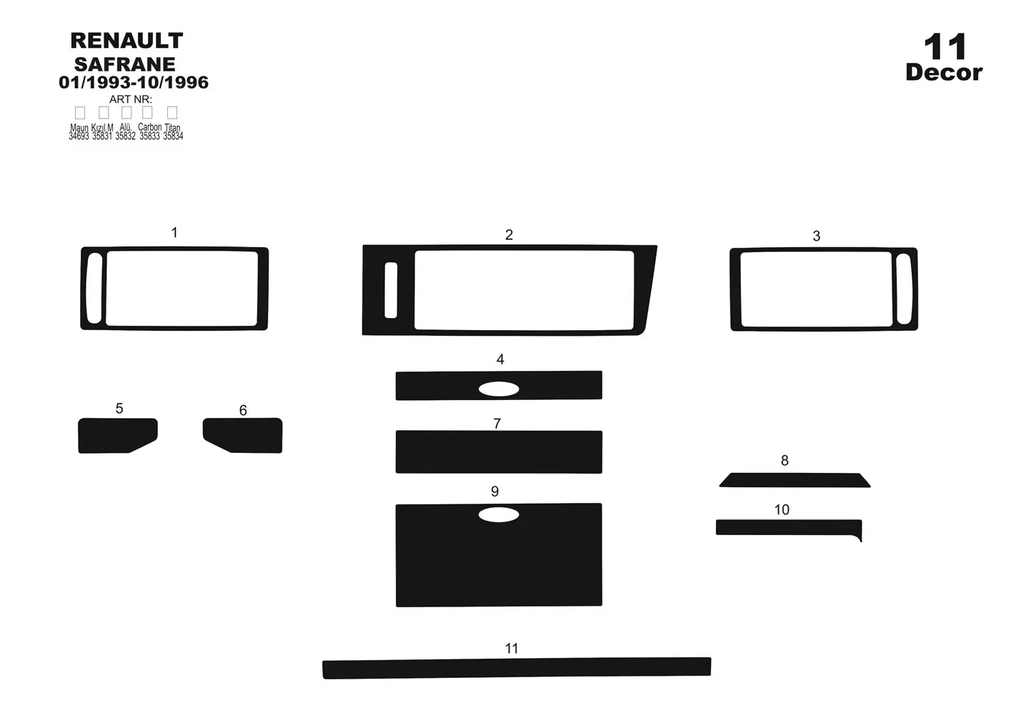 RENAULT Renault Safrane 01.93-10.96 3M 3D Interior Dashboard Trim Kit Dash Trim Dekor 11-Parts €36.49