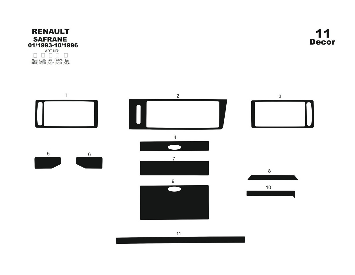 Renault Safrane 93-96 Kit la décoration du tableau de bord 11-Pièce - 1 - habillage decor de tableau de bord
