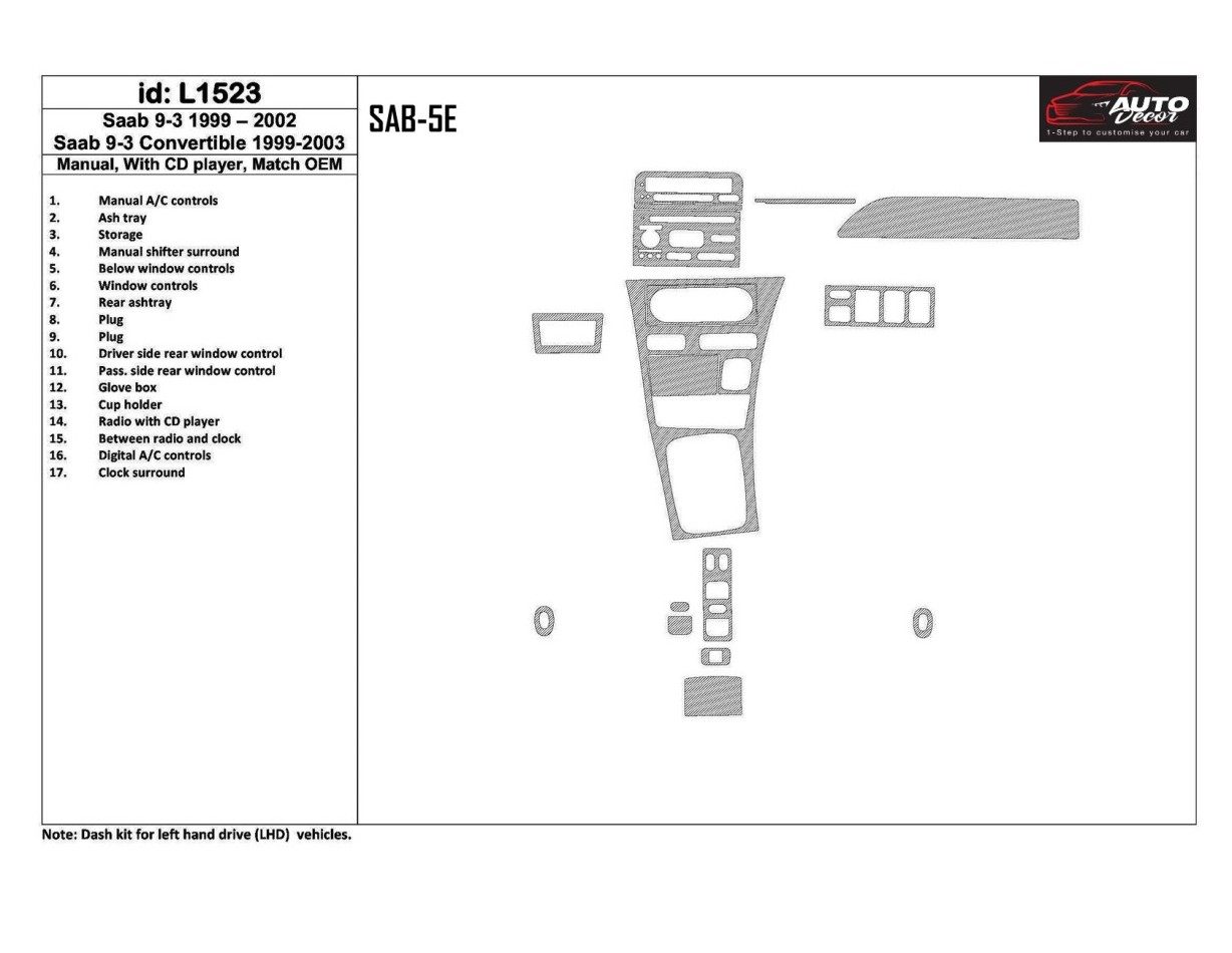 Saab 9-3 1999-2002 Automatic Gearbox, With CD Player, OEM Compliance, 18 Parts set Decor de carlinga su interior