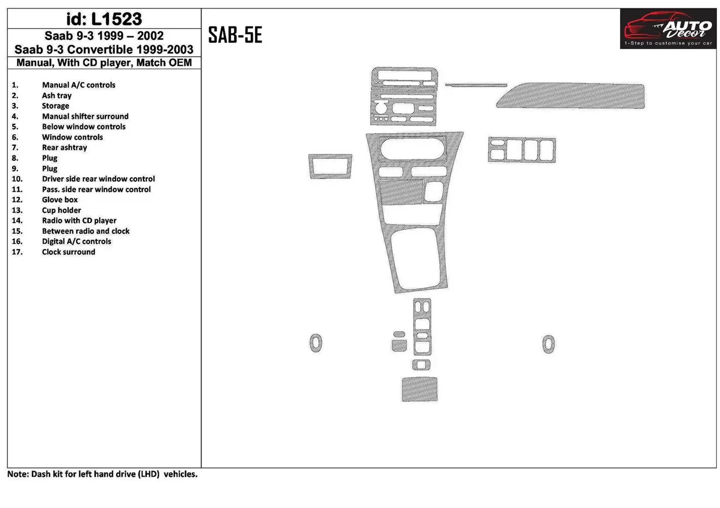 Saab 9-3 1999-2002 Automatic Gearbox, With CD Player, OEM Compliance, 18 Parts set Decor de carlinga su interior