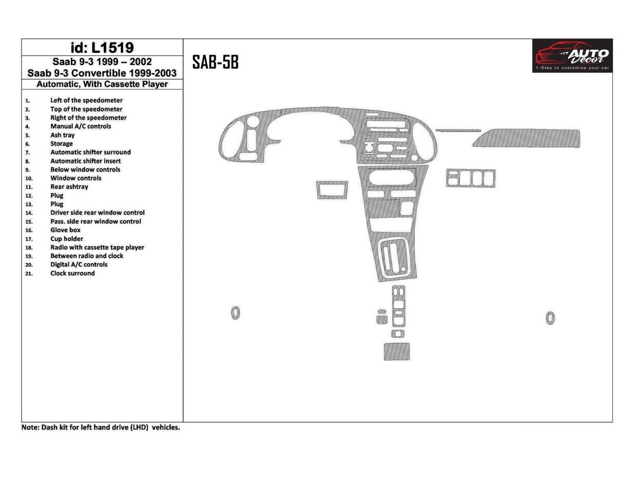 Saab 9-3 1999-2002 Automatic Gearbox, With Compact Casette player, Without OEM, 21 Parts set Decor de carlinga su interior