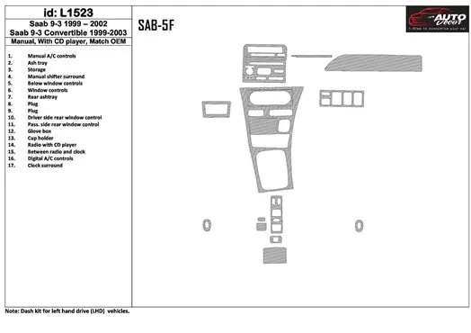 Saab 9-3 1999-2002 Manual Gearbox, With CD Player, OEM Compliance, 17 Parts set Interior BD Dash Trim Kit