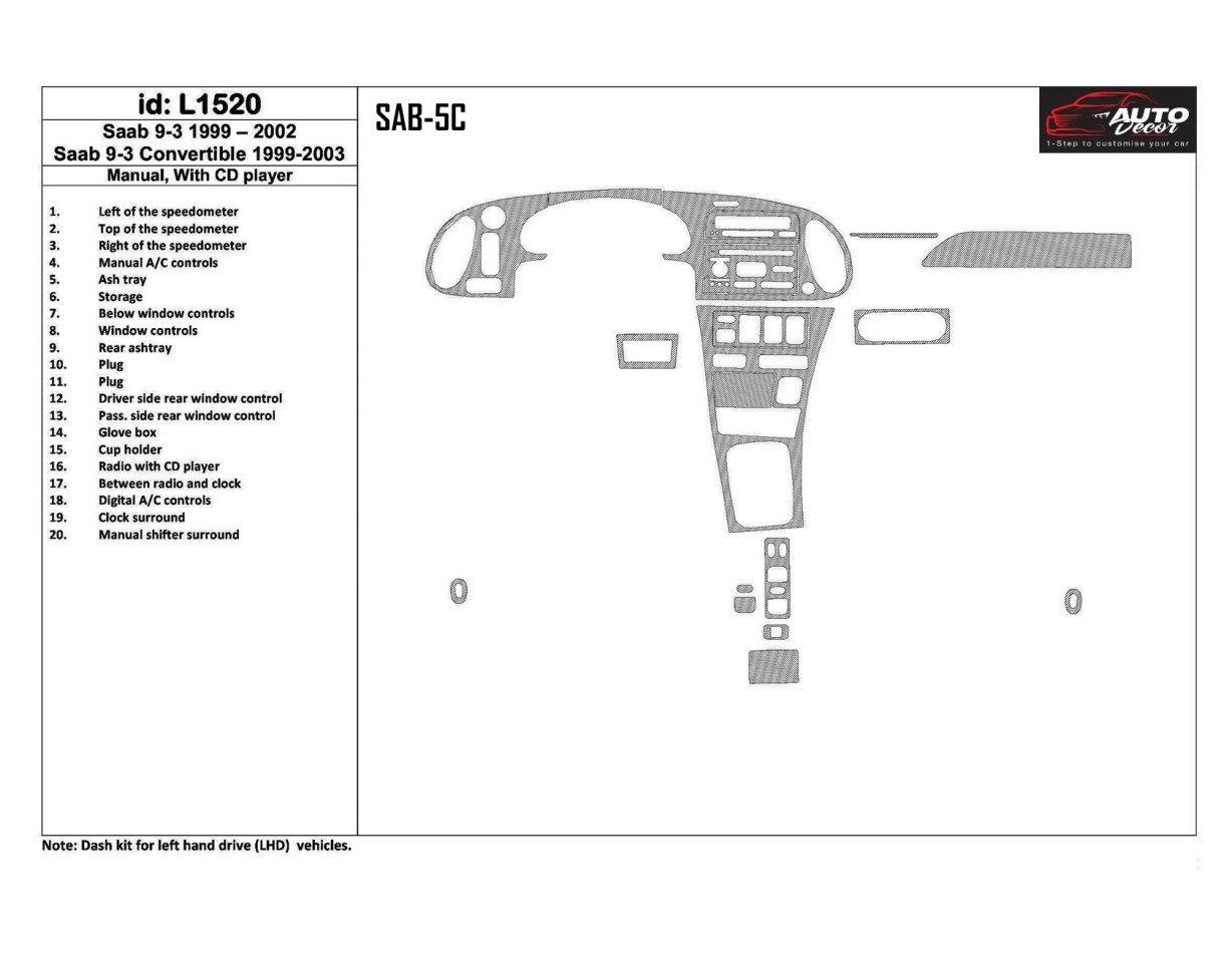 Saab 9-3 1999-2002 Manual Gearbox, With CD Player, Without OEM, 20 Parts set BD innenausstattung armaturendekor cockpit dekor - 