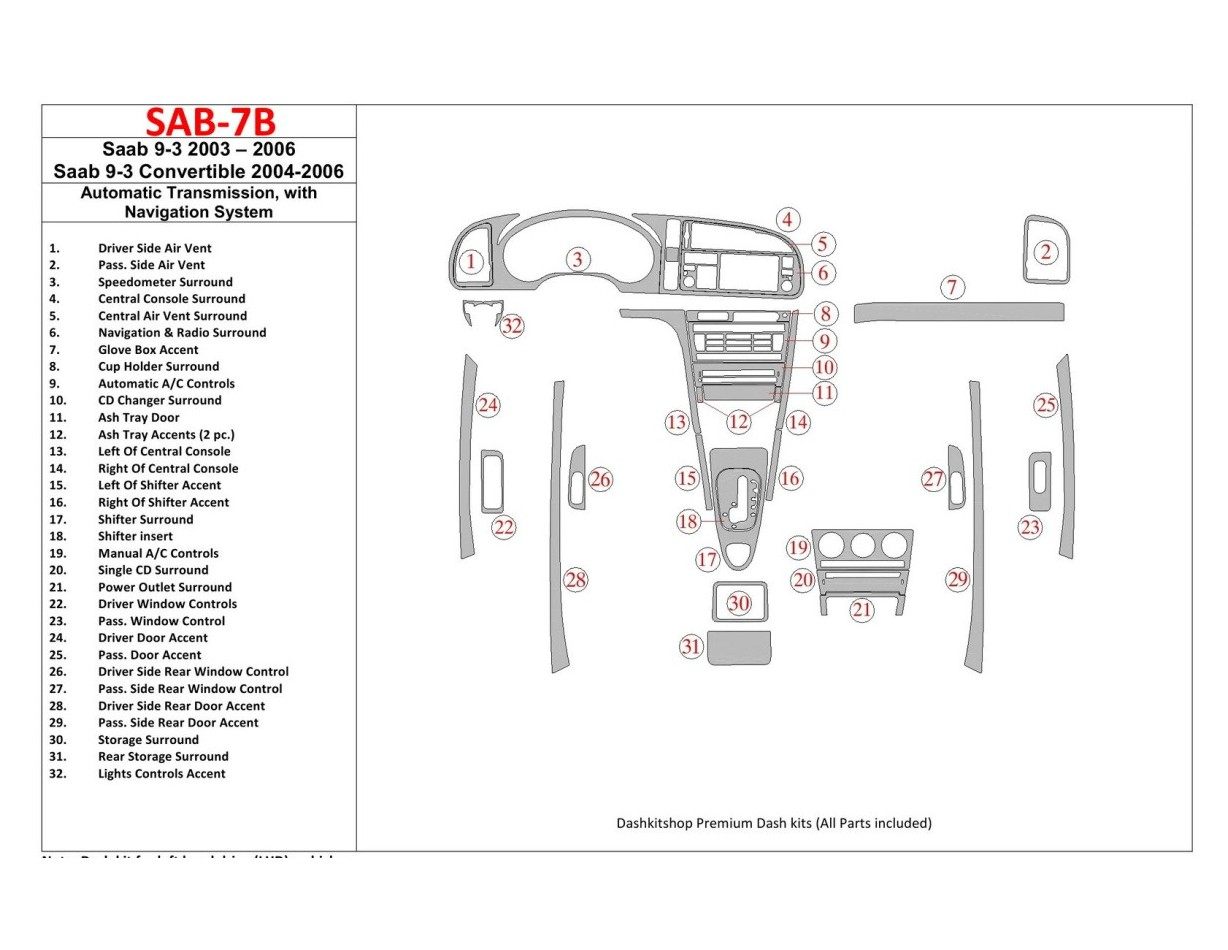 Saab 9-3 2003-2006 Automatic Gear, With NAVI system Interior BD Dash Trim Kit