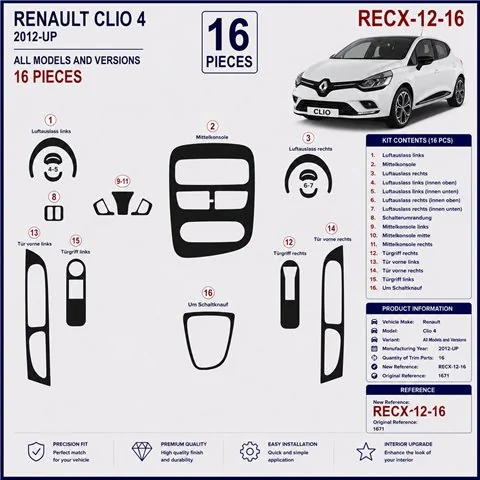 Renault Clio-4 2012+ 3D dashboard trim kit, 16 parts 2
