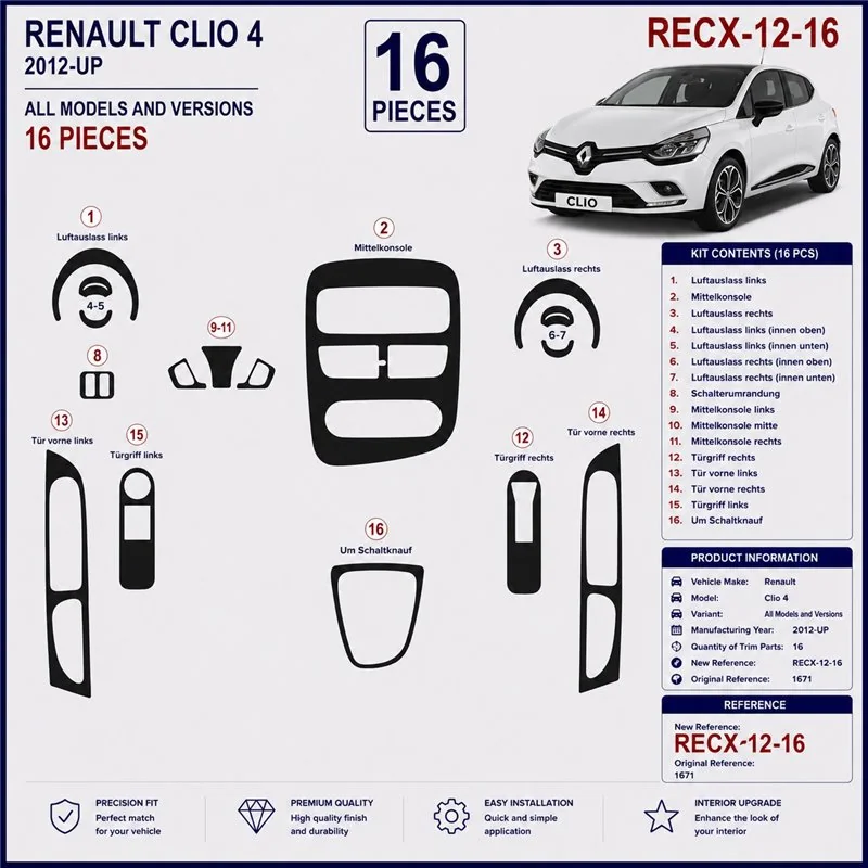 Renault Clio-4 2012+ 3D dashboard trim kit, 16 parts