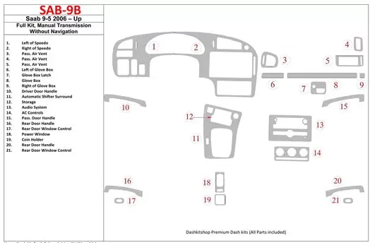 Saab 9-5 2006-UP Full Set, Manual Gear Box, Without NAVI Interior BD Dash Trim Kit