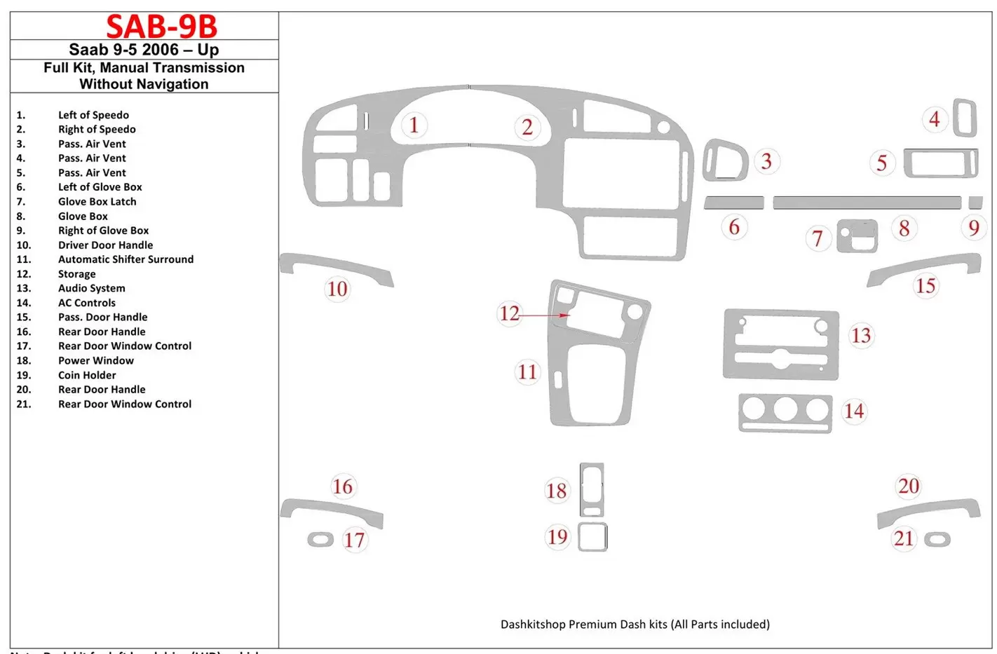 Saab 9-5 2006-UP Full Set, Manual Gear Box, Without NAVI BD Interieur Dashboard Bekleding Volhouder
